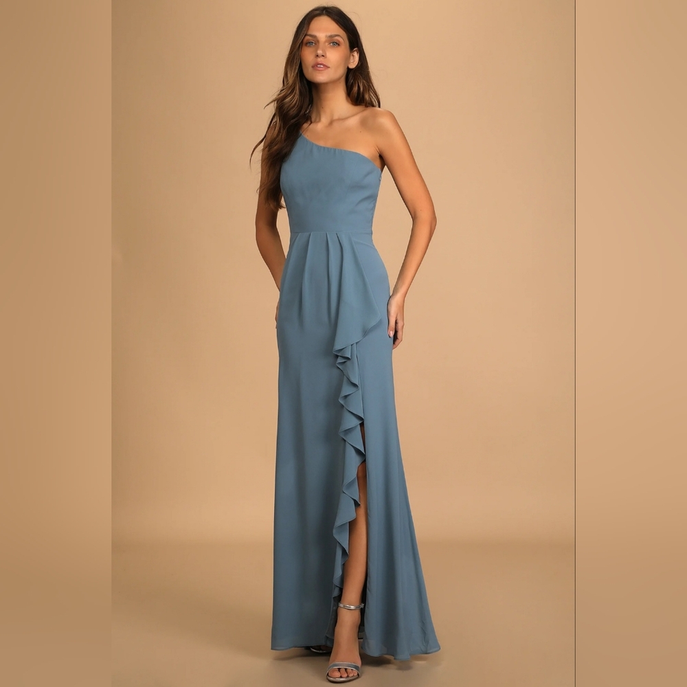 Lulus | Slate Blue One-Shoulder Ruffled Maxi Dress | Romance Chiffon Gown